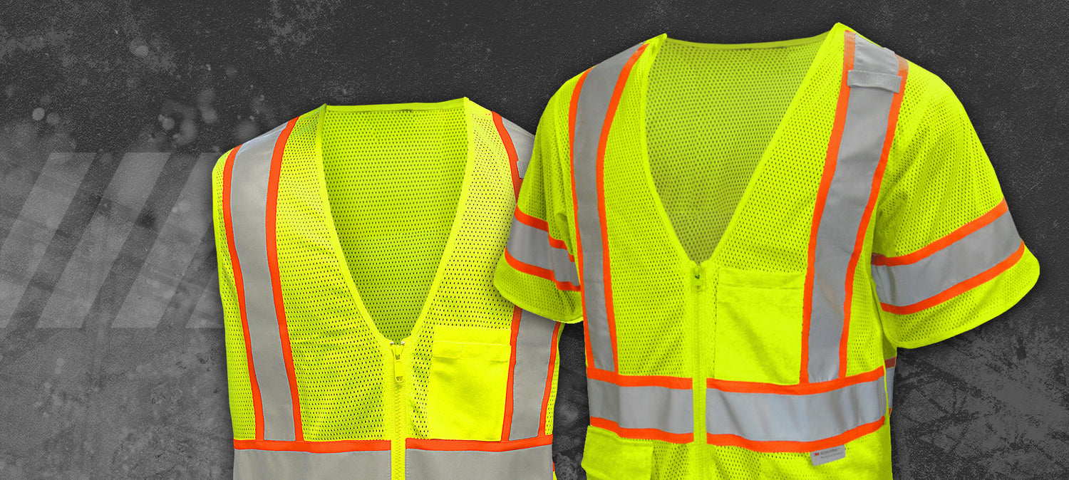 Two high-visibility safety vests in neon yellow with orange reflective stripes displayed on a dark industrial background – ideal for Class 2 and Class 3 job site use.