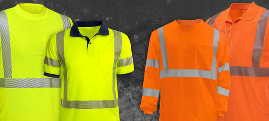 Three types of high-visibility work shirts in fluorescent yellow and orange with reflective tape, showcasing ANSI/ISEA compliant safety gear options.