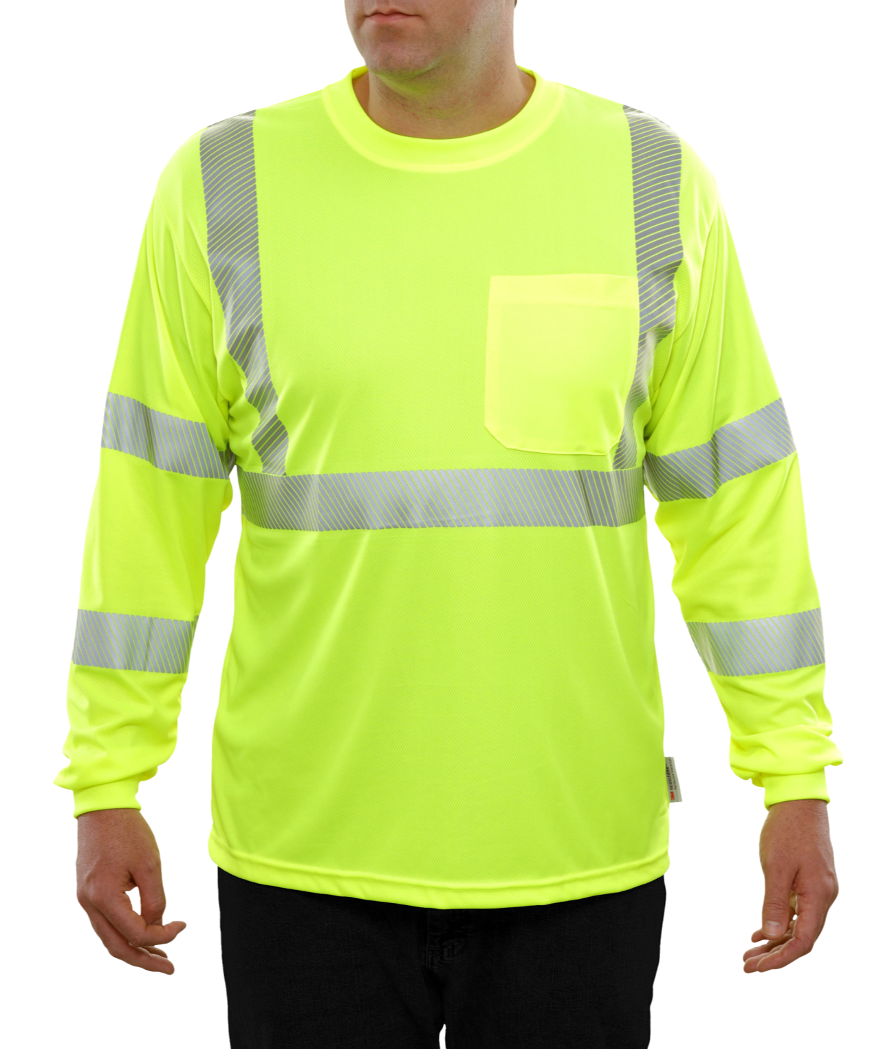 204CTLM Hi-Vis Long Sleeve Lime Birdseye Pocket Safety T-Shirt with 3MTM Comfort Trim