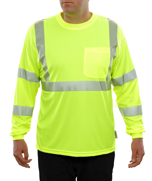 204CTLM Hi-Vis Long Sleeve Lime Birdseye Pocket Safety T-Shirt with 3MTM Comfort Trim