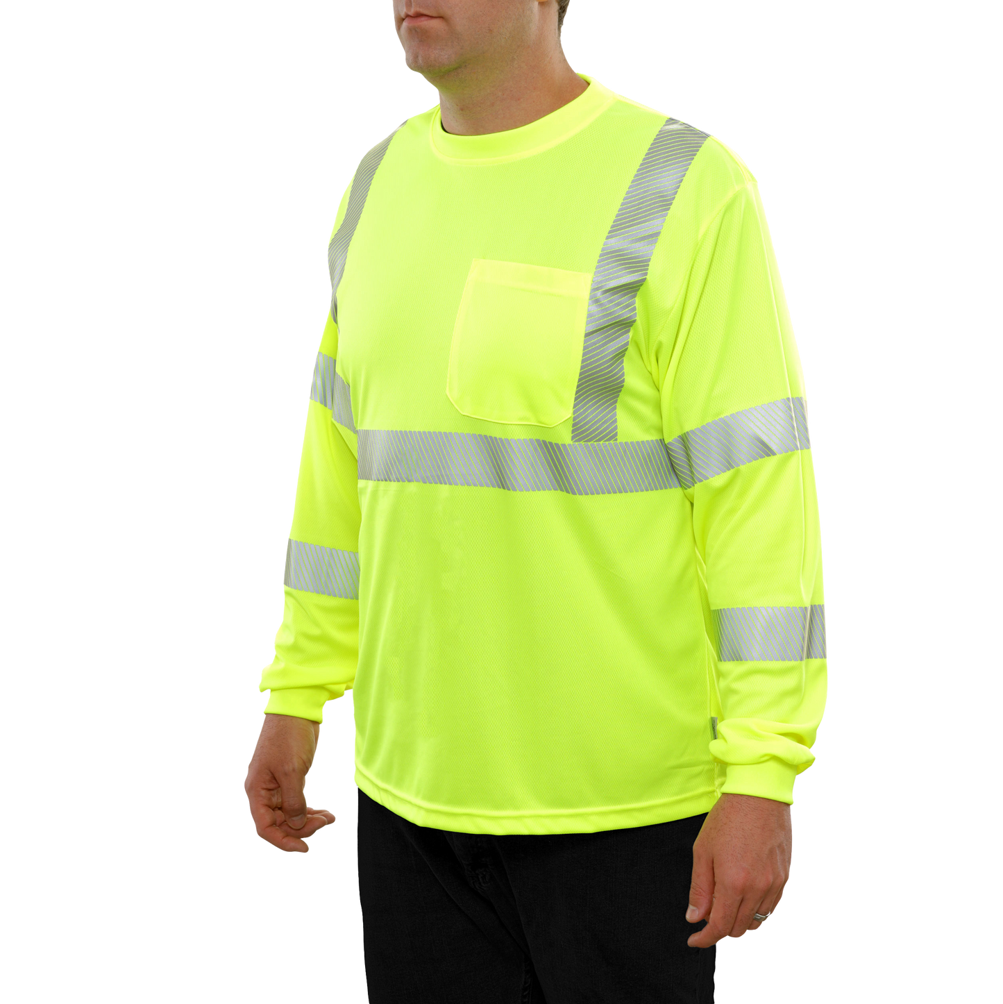 204CTLM Hi-Vis Long Sleeve Lime Birdseye Pocket Safety T-Shirt with 3MTM Comfort Trim