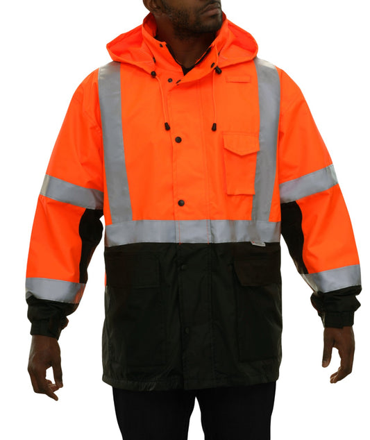 431STOB Safety Jacket: Hi-Vis Parka: Breathable Waterproof Hooded: 2-Tone Orange