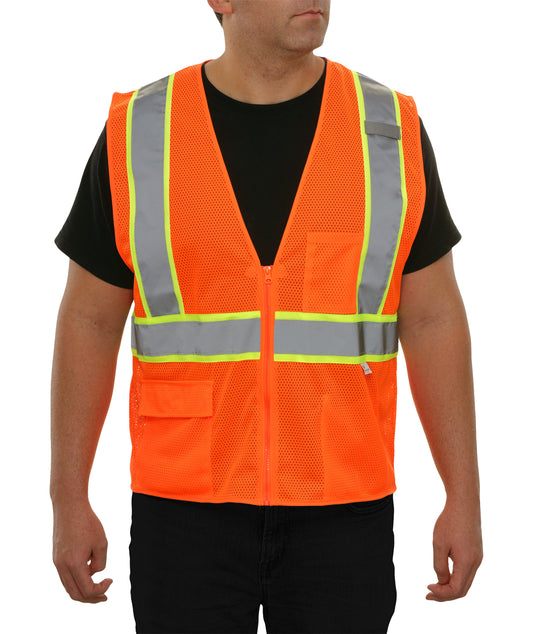586ETOR Economy Safety Vest: Hi-Vis Orange Vest: Zip Mesh Contrasting Tape: ANSI 2