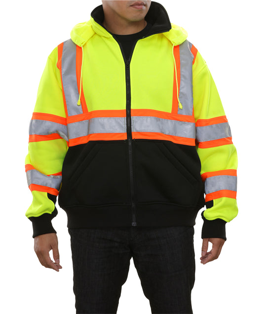 602CXLB Safety Sweatshirt: Hi-Vis Full Zip 2-Tone Contrasting X-Back: Removeable Hood