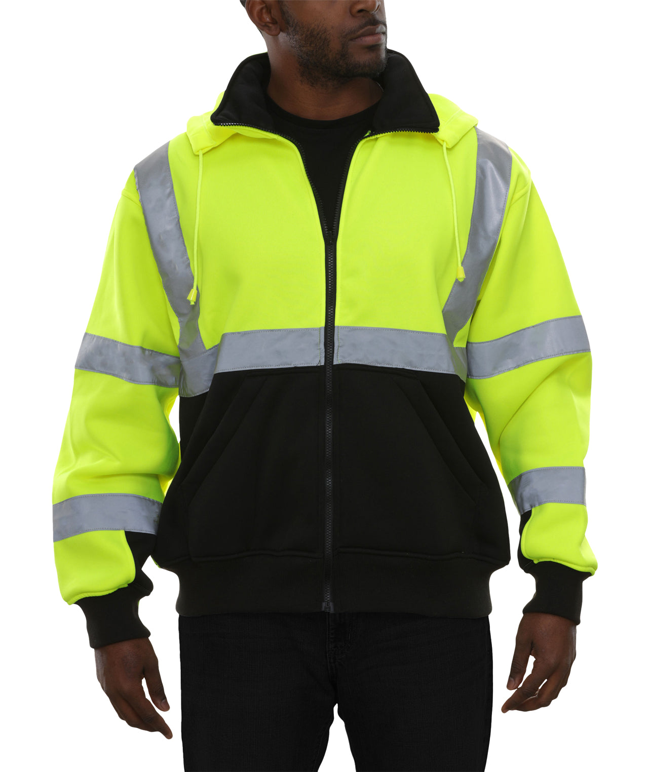 602STLB Safety Sweatshirt: Hi-Vis Full Zip 2-Tone: Removeable Hood: 10.5oz