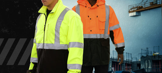 High-visibility waterproof rain jackets in fluorescent yellow and orange with reflective tape, designed for industrial workplace safety in wet conditions.