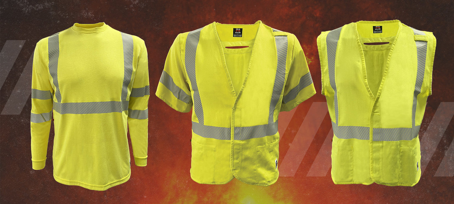 Three flame-resistant high-visibility safety garments in yellow with reflective tape, illustrating OSHA-compliant FR clothing used in hazardous work environments.
