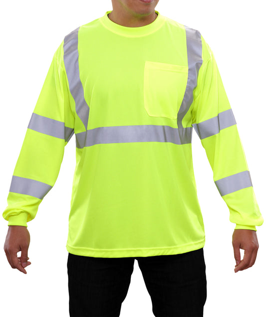 204STLM Hi-Vis Long Sleeve Lime Birdseye Pocket Safety T-Shirt