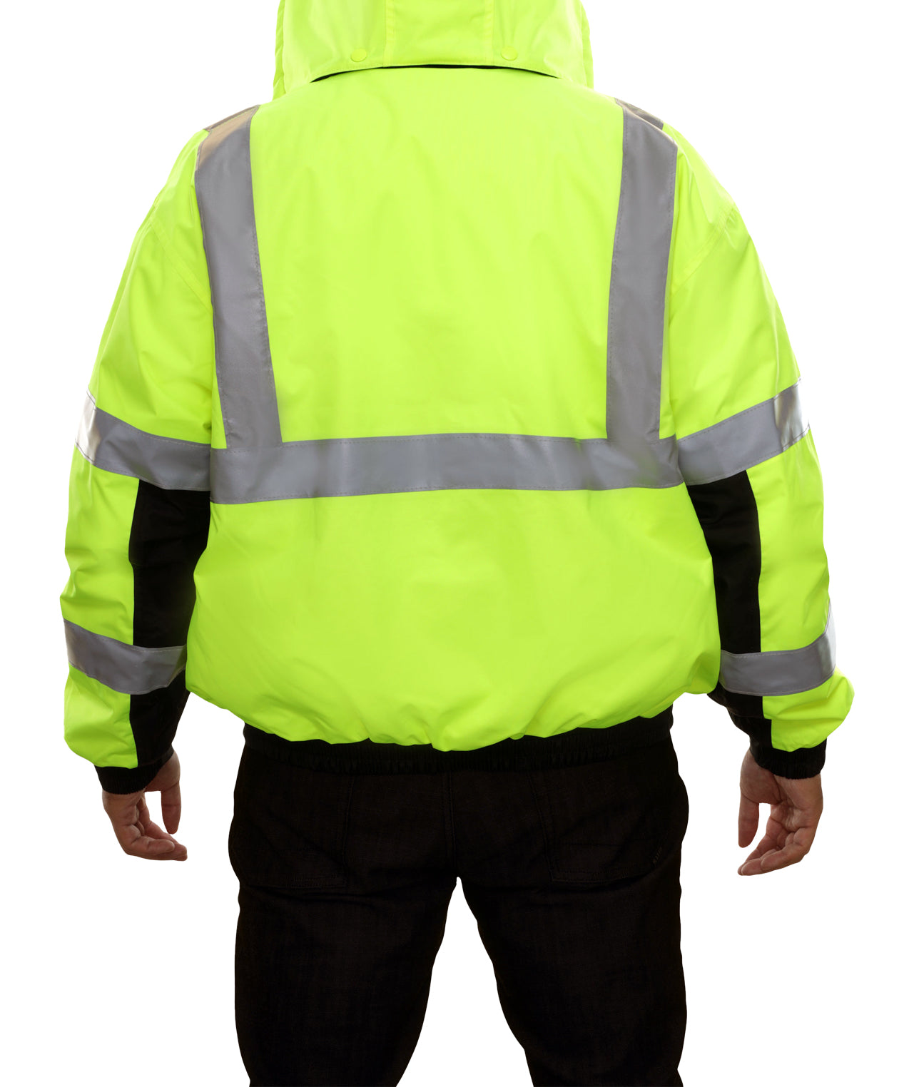 411STLB Safety Jacket: Hi-Vis Bomber: Breathable Waterproof: Hood: Lime 2-Tone