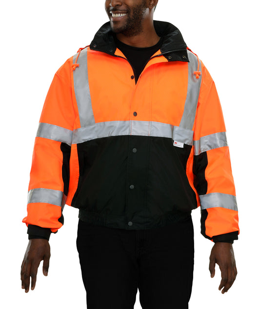 SHORFUNE High Visibility Softshell Waterproof Safety Jacket for Men, Class 3 Reflective Work Jackets with Pockets, Detachable Hood and Sleeves