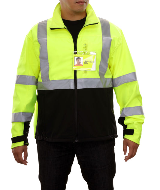 SHORFUNE High Visibility Softshell Waterproof Safety Jacket for Men, Class  3 Reflective Work Jackets with Pockets, Detachable Hood and Sleeves &Black