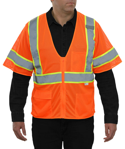 588ETOR Economy Safety Vest: Hi-Vis Orange Vest: Zip Mesh Contrasting Tape: ANSI 3